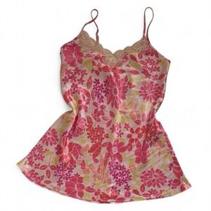Pink Floral Satin Chemise Nightgown Lace Trim Sleep Dress Adjustable Straps